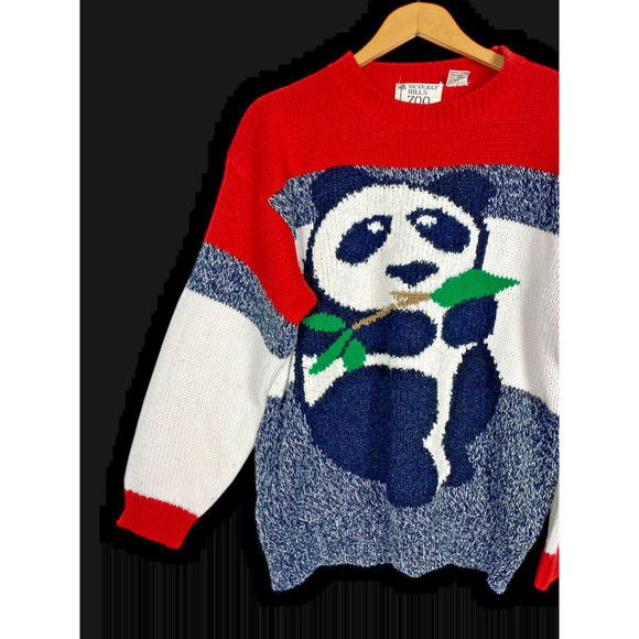 Panda Bear Sweater Size L Beverly Hills Zoo 80s Chunky Knit Asian Style Vintage - Picture 2 of 8